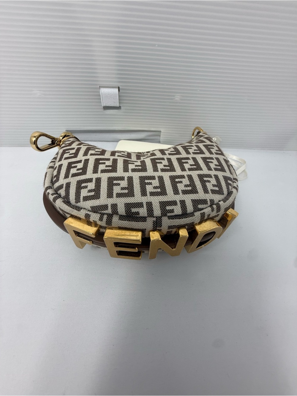 Fendi Cream and Brown FF Logo Crescent nano Bag with Gold FENDI Letters